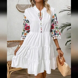 Floral Patchwork Print Notched Neckline Ruffle Hem Dress With Asymmet